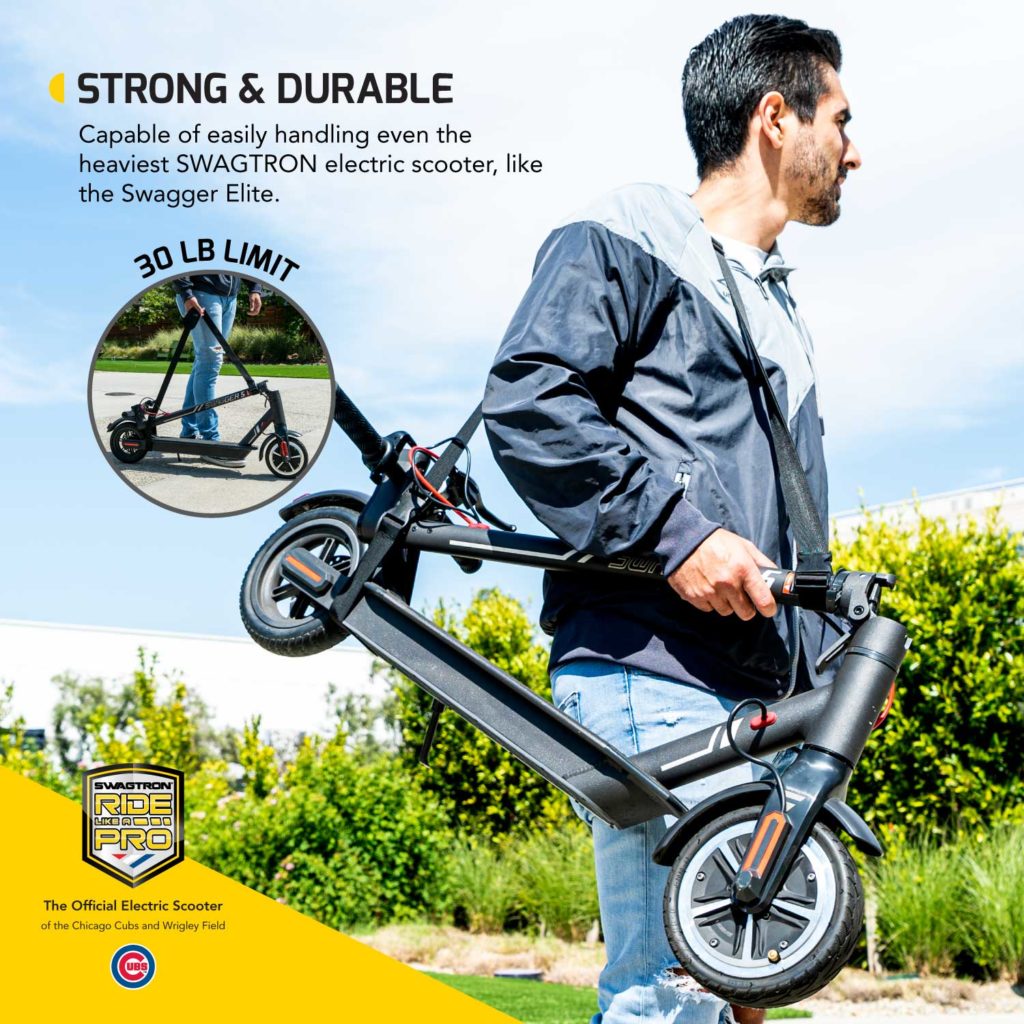 A man carrying his portable folding electric scooter with a shoulder strap from swagtron.