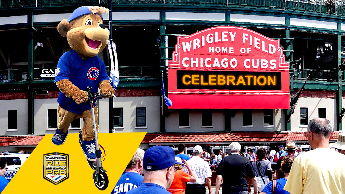 Clark riding the Swagger 5 Elite eScooter in front of Wrigley Field in Chicago, IL.