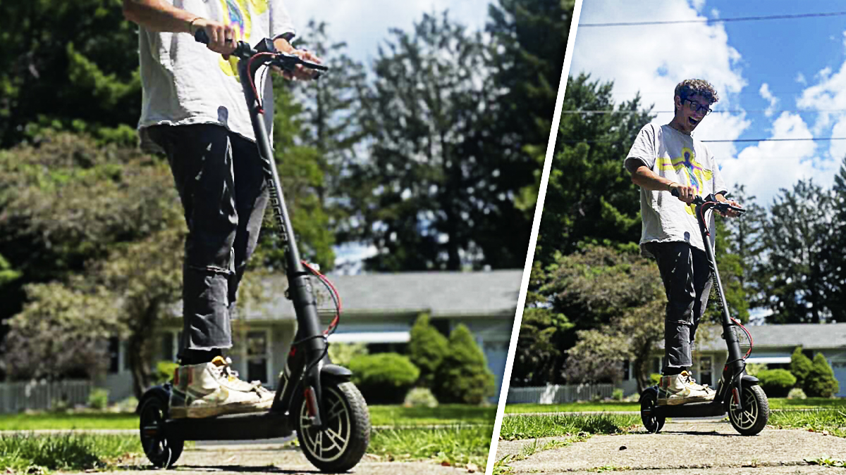 Split-screen image of Josh  with his Swagger 5 eScooter.