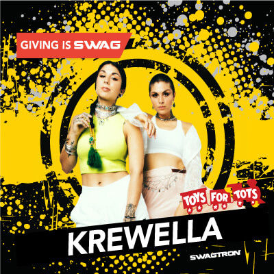 Krewella in front of splattered paint graffiti background with a Toys For Tots logo.